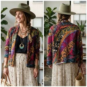 Chico's L Modern Contemporary Abstract Eclectic Boho Basketweave Silk Blazer